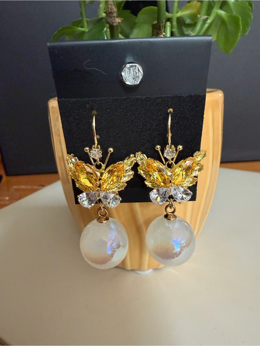 Gold Butterfly Crystal Drop Earrings with Pearl Spheres